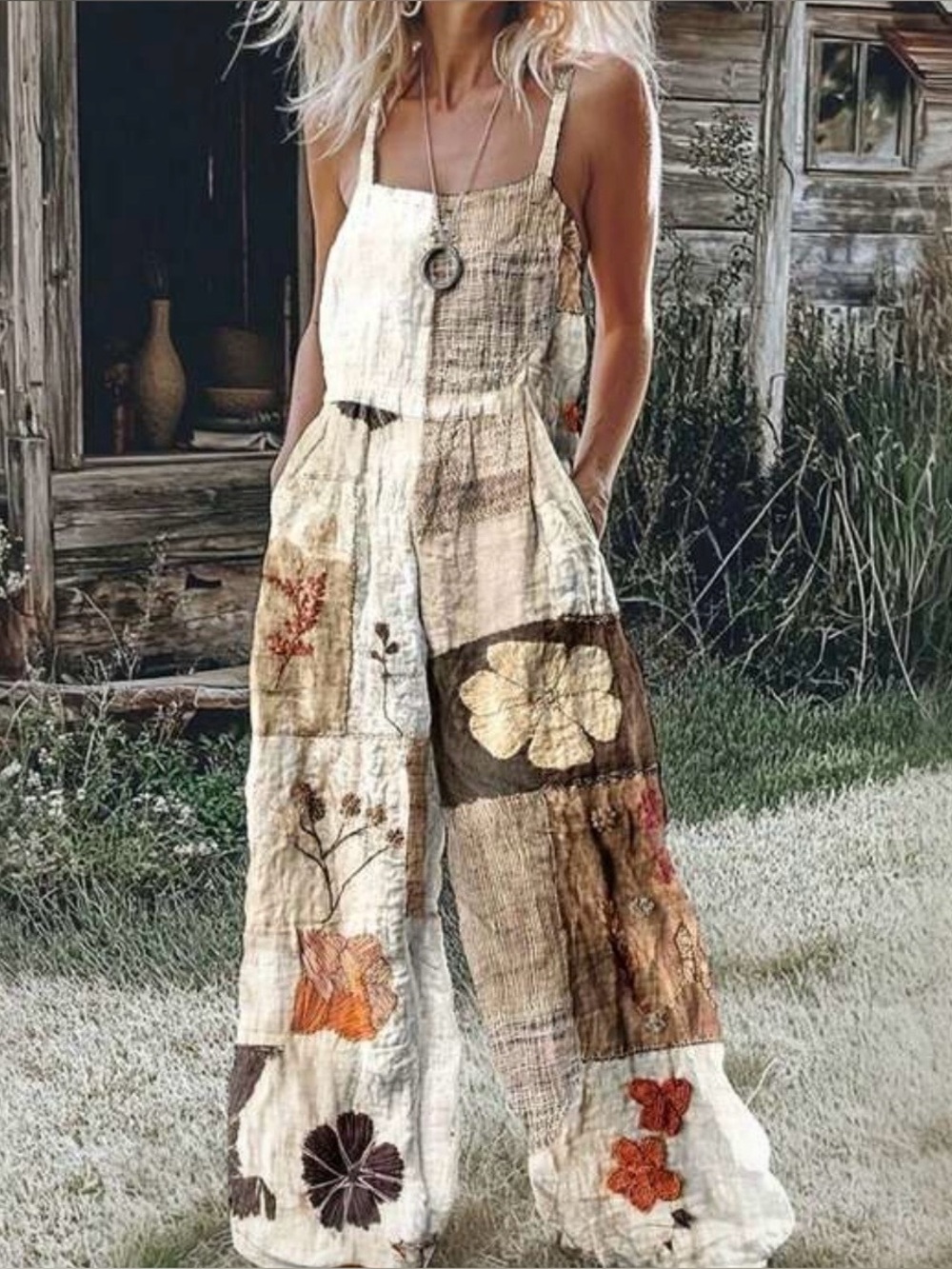SHEIN Cream Patchwork Floral Linen Jumpsuit